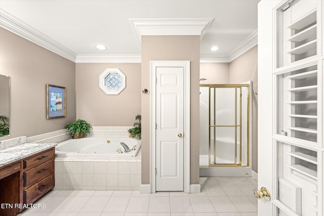 bathroom with ornamental molding, tile patterned floors, a jetted tub, vanity, and a shower stall