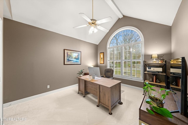 carpeted office space featuring high vaulted ceiling, beam ceiling, baseboards, and a ceiling fan