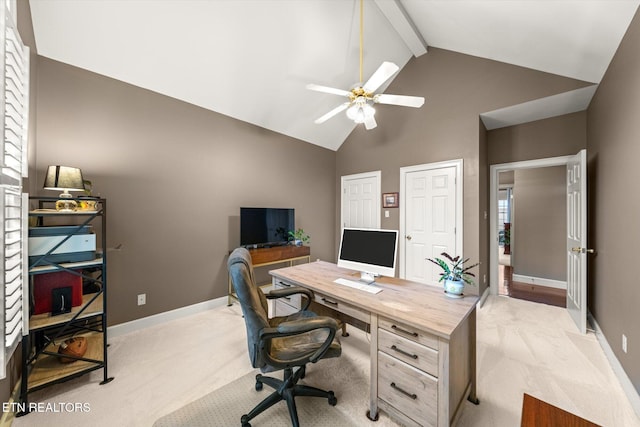 home office with beam ceiling, light carpet, ceiling fan, high vaulted ceiling, and baseboards