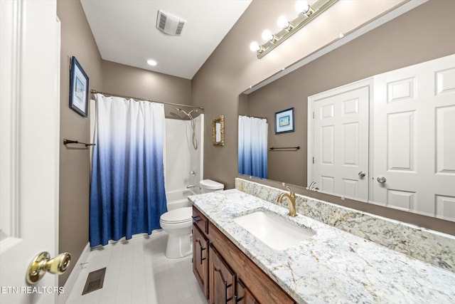 full bath featuring shower / bath combo, visible vents, vanity, and toilet