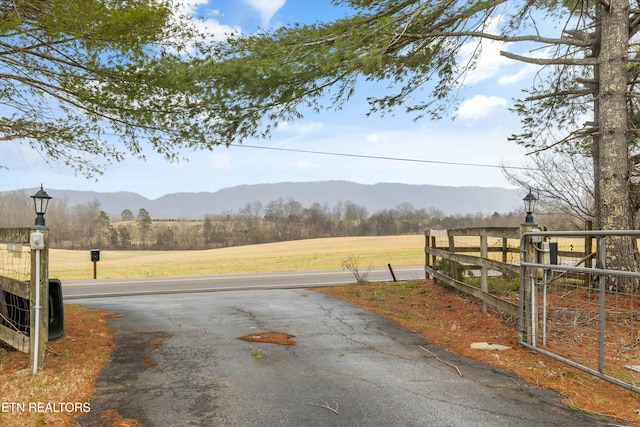 view of street featuring street lighting, a rural view, and a mountain view