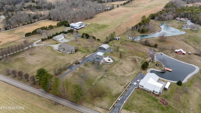 aerial view featuring a water view and a rural view