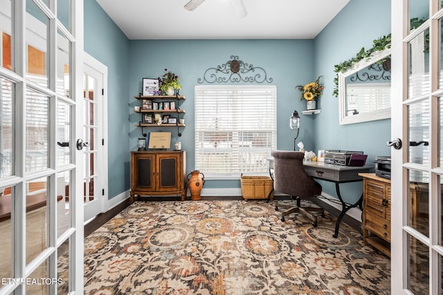 office featuring french doors, ceiling fan, and baseboards