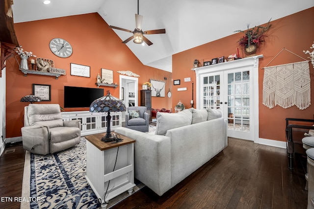 living room with a ceiling fan, high vaulted ceiling, dark wood-type flooring, and french doors