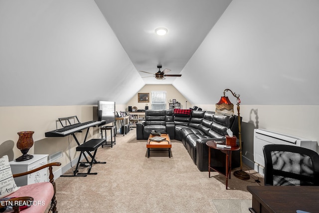 living room with vaulted ceiling, a ceiling fan, and light colored carpet