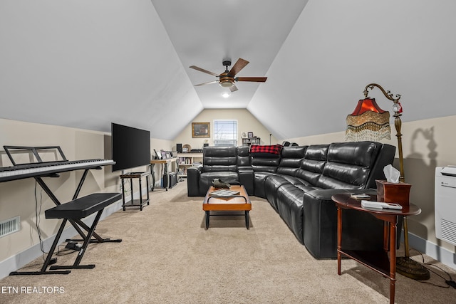 living area with light carpet, ceiling fan, baseboards, and lofted ceiling