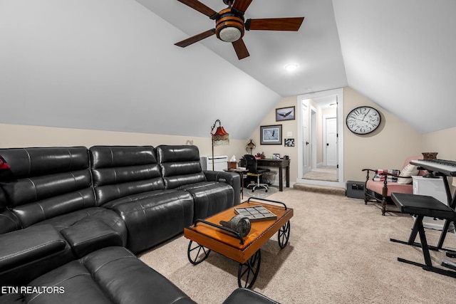 carpeted living room featuring vaulted ceiling and ceiling fan