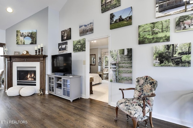 living area with baseboards, a glass covered fireplace, dark wood-type flooring, high vaulted ceiling, and recessed lighting