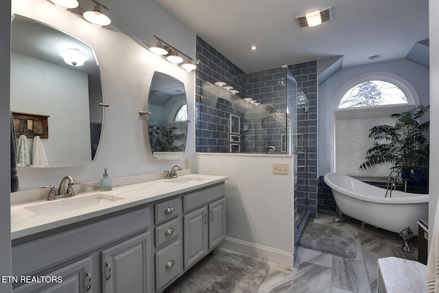 bathroom featuring walk in shower, visible vents, a sink, and double vanity