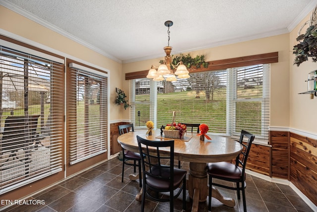 dining area featuring wood walls, wainscoting, and a healthy amount of sunlight