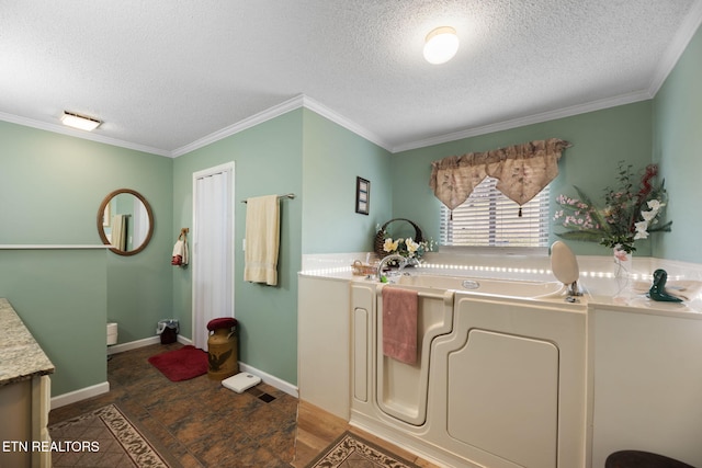 interior space featuring baseboards, vanity, crown molding, a textured ceiling, and a bath