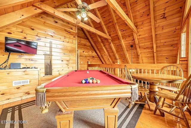 rec room featuring vaulted ceiling with beams, pool table, wood walls, wood finished floors, and wooden ceiling