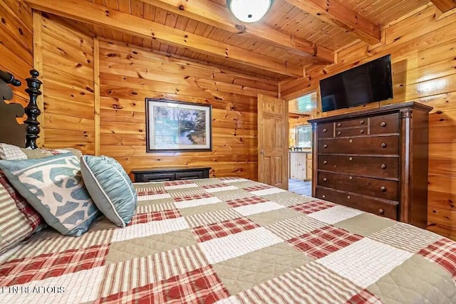 bedroom with wood ceiling, beam ceiling, and wooden walls