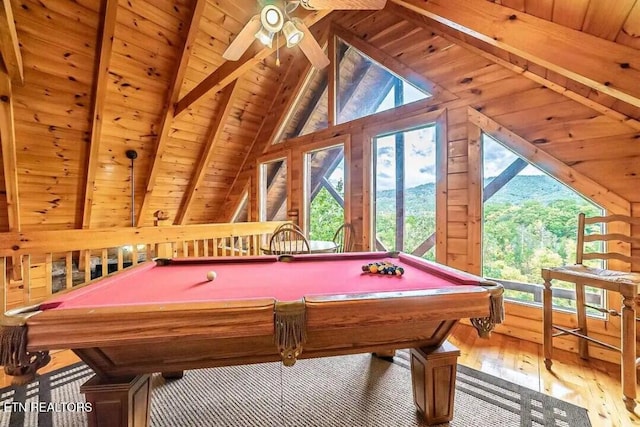 recreation room featuring vaulted ceiling with beams, ceiling fan, wooden ceiling, billiards, and wood-type flooring