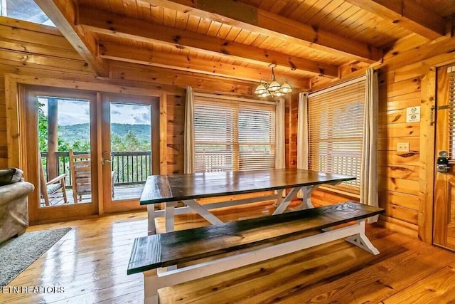 dining room with beam ceiling, wooden ceiling, wood walls, and light wood finished floors