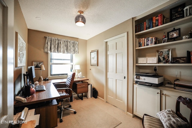 office space featuring a textured ceiling, baseboards, and light colored carpet