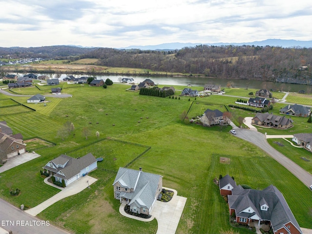 birds eye view of property with a water view and a residential view