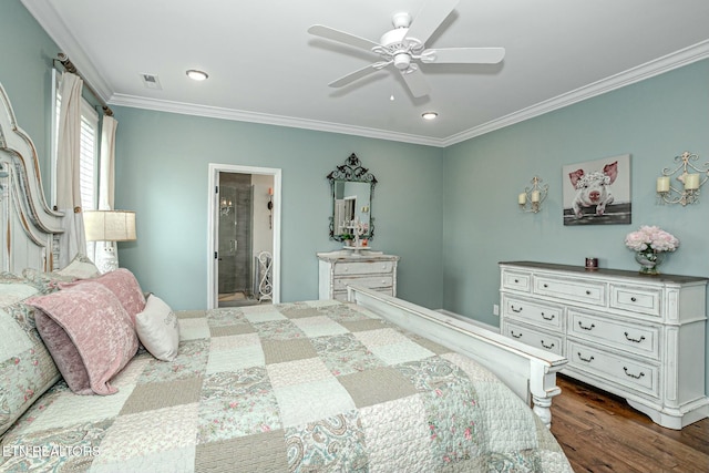 bedroom with dark wood-style flooring, recessed lighting, visible vents, and crown molding