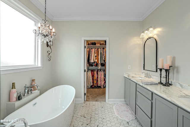 bathroom with double vanity, a sink, and crown molding