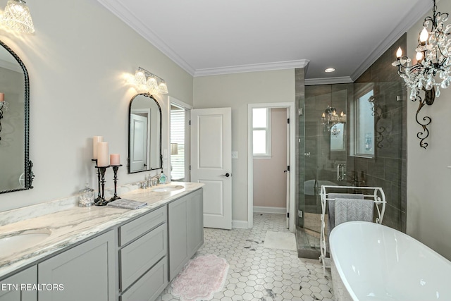 bathroom with a freestanding bath, ornamental molding, a stall shower, and a sink