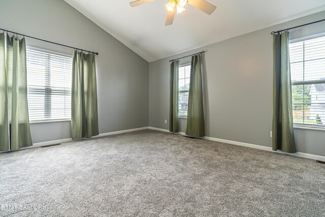 4404 Aylesbury Dr, Knoxville, TN 37918 - carpeted empty room featuring vaulted ceiling, ceiling fan, and baseboards