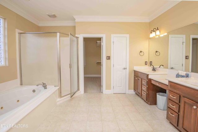 full bathroom with a stall shower, a sink, a whirlpool tub, and double vanity