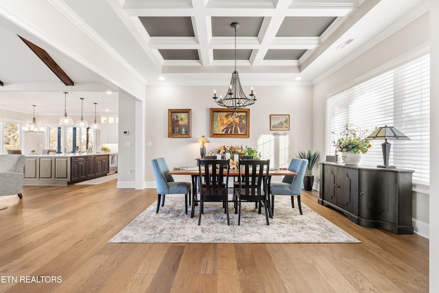 dining area featuring visible vents, light wood-style flooring, beamed ceiling, a high ceiling, and a notable chandelier