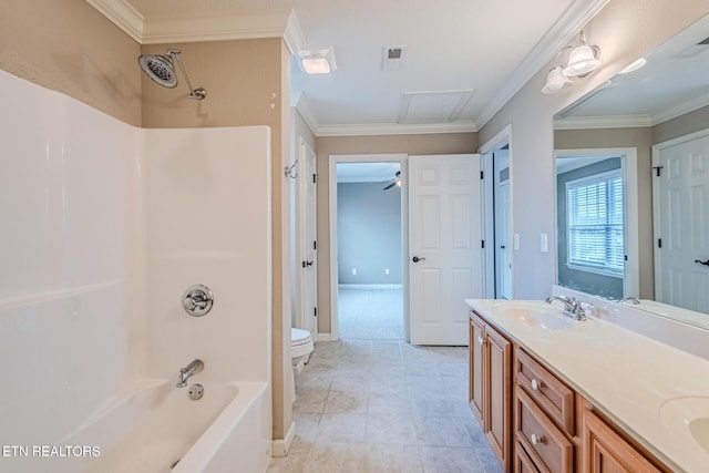 full bath with ornamental molding, double vanity,  shower combination, and a sink