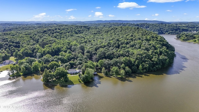 aerial view with a forest view and a water view