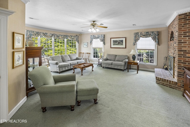 carpeted living room featuring visible vents, crown molding, ceiling fan, baseboards, and a fireplace