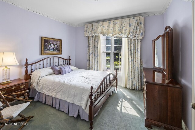 carpeted bedroom with crown molding