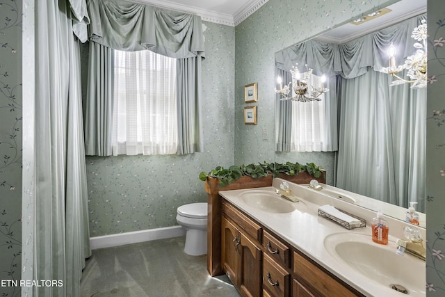 full bath with wallpapered walls, baseboards, and a sink