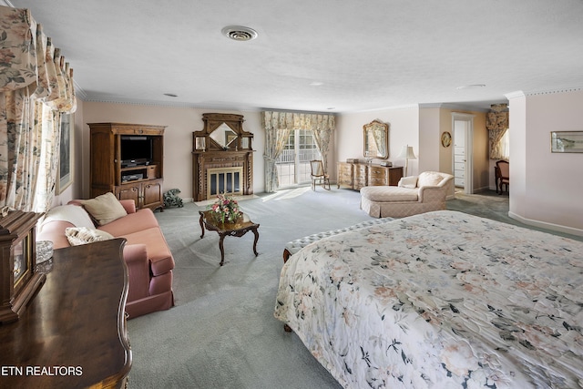 interior space featuring visible vents, a fireplace, crown molding, and baseboards