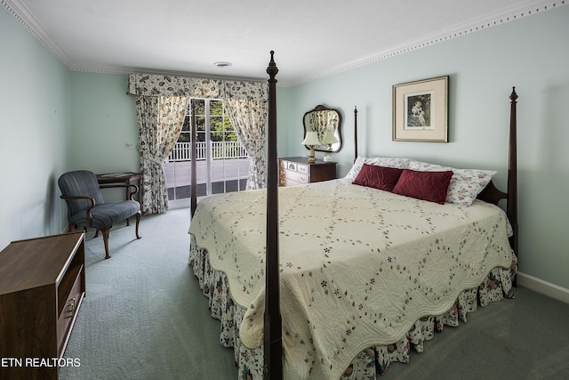 bedroom featuring baseboards, carpet floors, crown molding, and access to outside