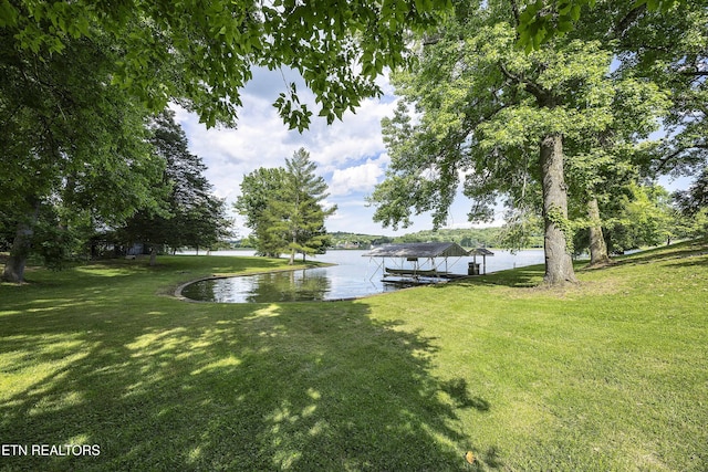 view of yard with a water view and a dock