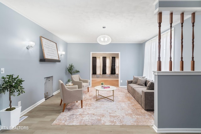 living area featuring light wood-style floors, ornamental molding, and baseboards