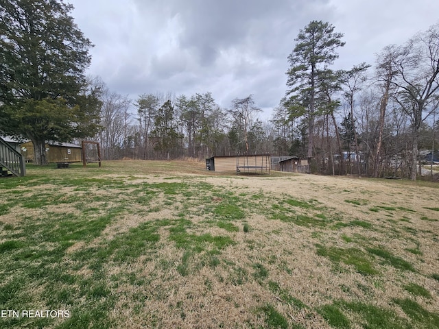 view of yard with an outdoor structure and a wooden deck