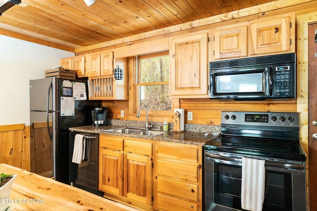 kitchen featuring black appliances, wooden ceiling, a sink, and wooden walls