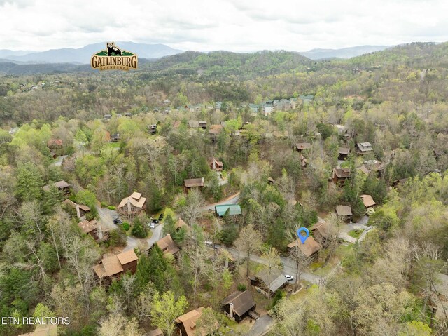 birds eye view of property with a wooded view and a mountain view