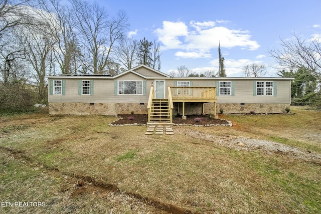 view of front of house featuring stairs, a deck, and crawl space