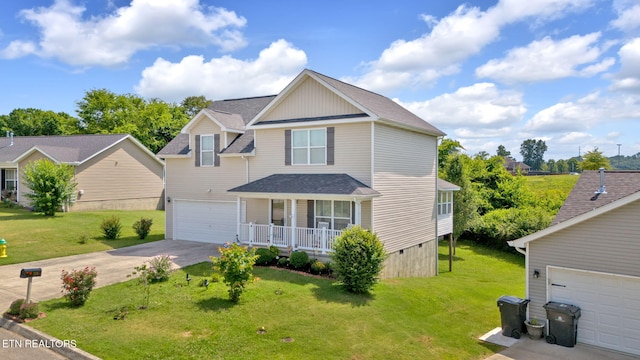 view of front facade with a garage, a shingled roof, concrete driveway, covered porch, and a front yard