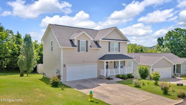 view of front facade featuring a porch, an attached garage, driveway, roof with shingles, and a front lawn