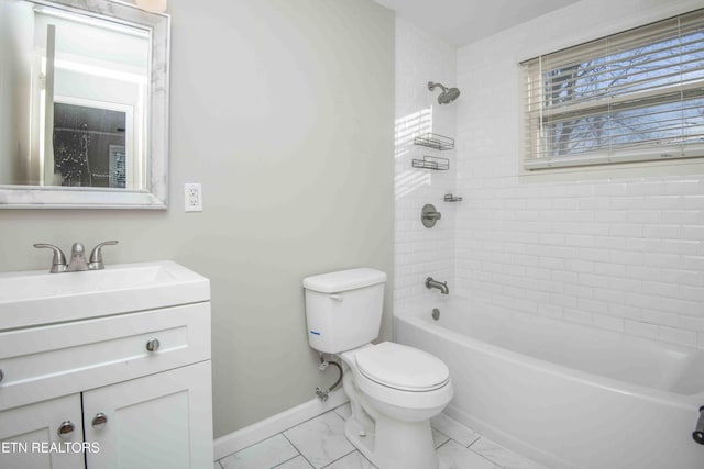 bathroom featuring shower / washtub combination, marble finish floor, toilet, vanity, and baseboards