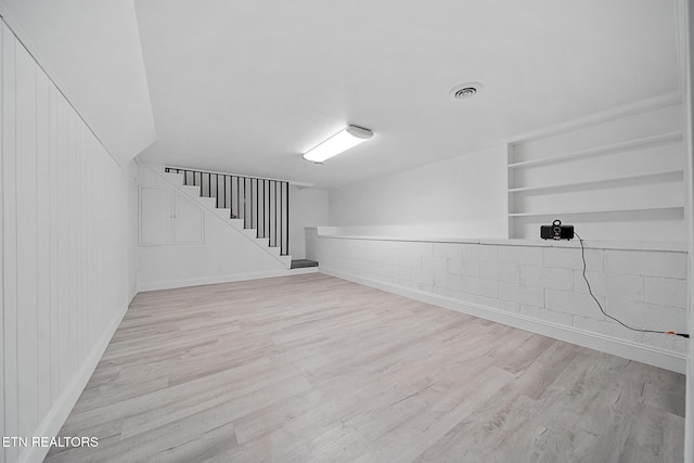 spare room with stairs, wood finished floors, visible vents, and built in features