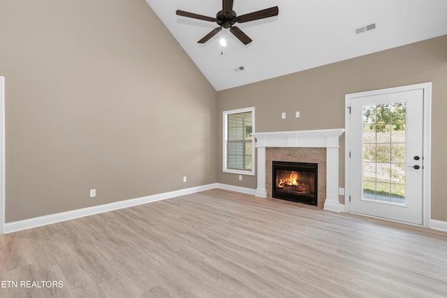 unfurnished living room with visible vents, high vaulted ceiling, light wood-style flooring, and ceiling fan