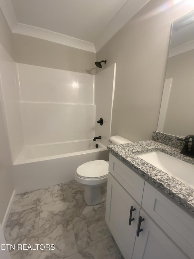 full bathroom featuring toilet, marble finish floor, vanity, and shower / tub combination