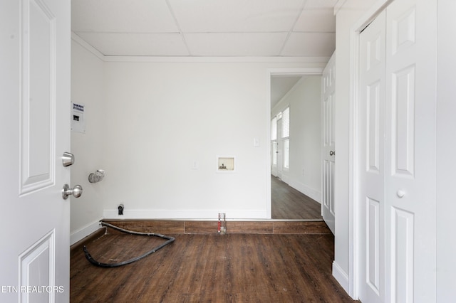 washroom with laundry area, wood finished floors, hookup for a washing machine, and baseboards