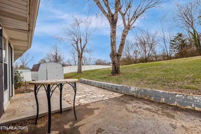 view of yard featuring a patio, fence, an outdoor structure, and a storage unit