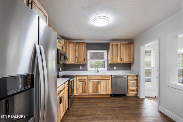 kitchen with stainless steel appliances, light countertops, a sink, and dark wood-type flooring