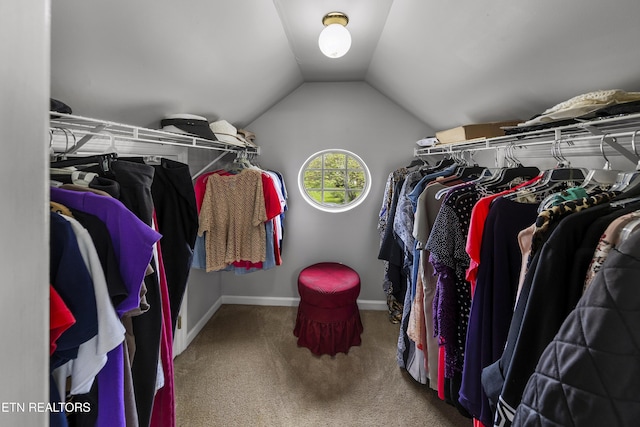 spacious closet featuring carpet and vaulted ceiling